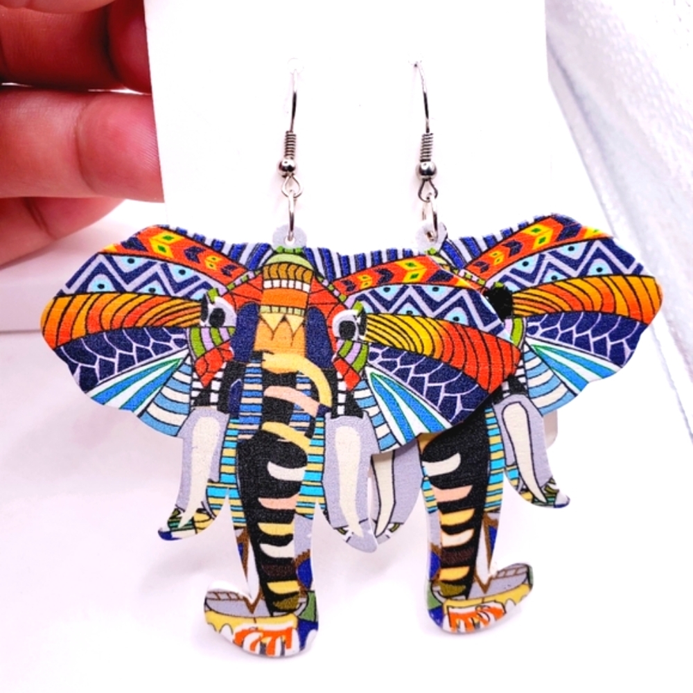 Elephant earrings, wooden elephant earrings, dangle earrings. 2.5 Inches - Picture 3 of 10